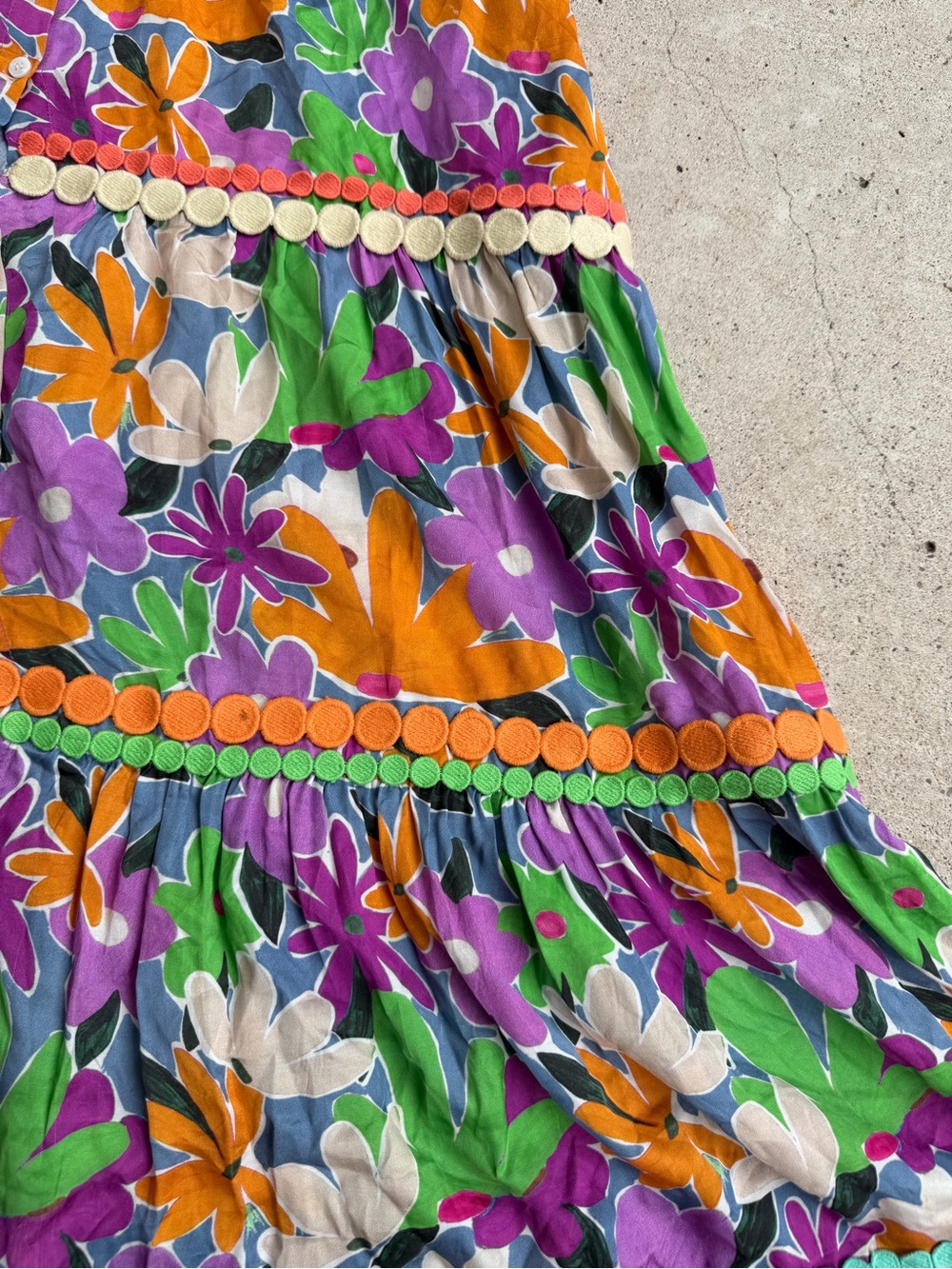 CeliaB Aneeta Floral Tiered Midi Dress Scalloped Ruffle Pom Pom Rickrack Sz L - Picture 5 of 9